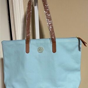 Joy Mangano Leather Light Blue Tote Bag with Brown Handles